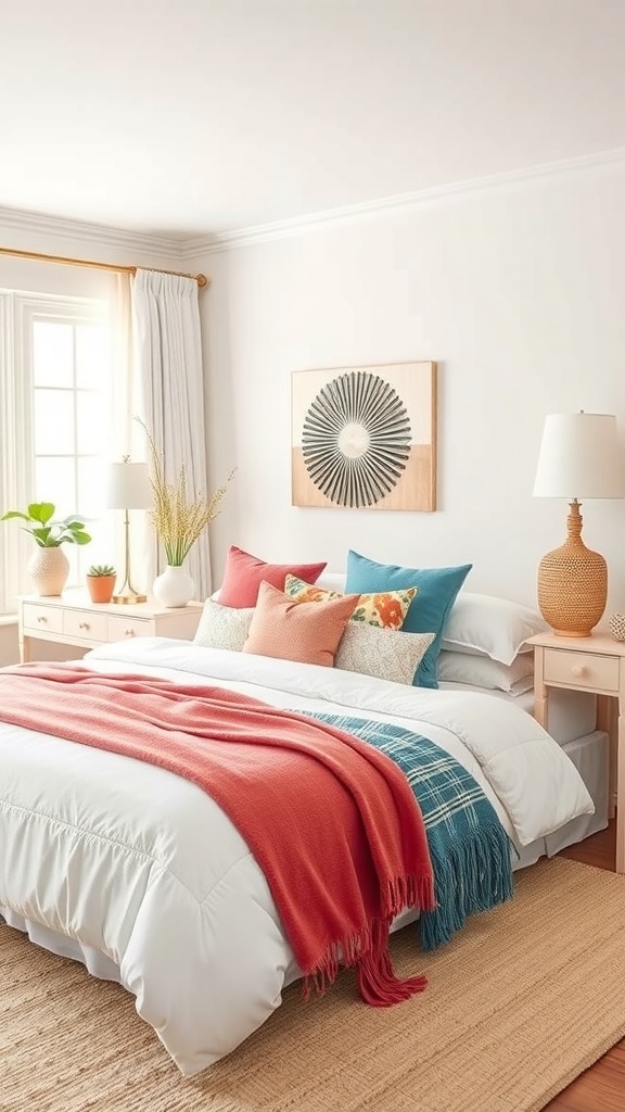 A bright white bedroom featuring colorful accents like pillows and a coral throw blanket.