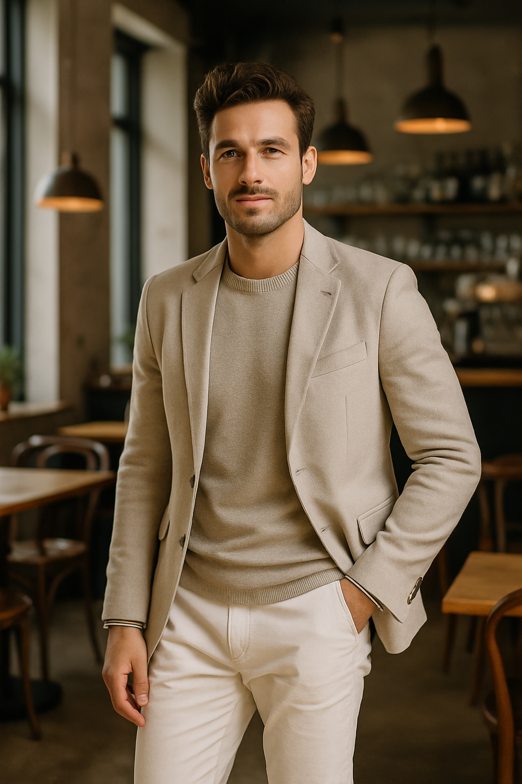 A man wearing white chinos and a casual blazer, looking stylish in a cozy setting.