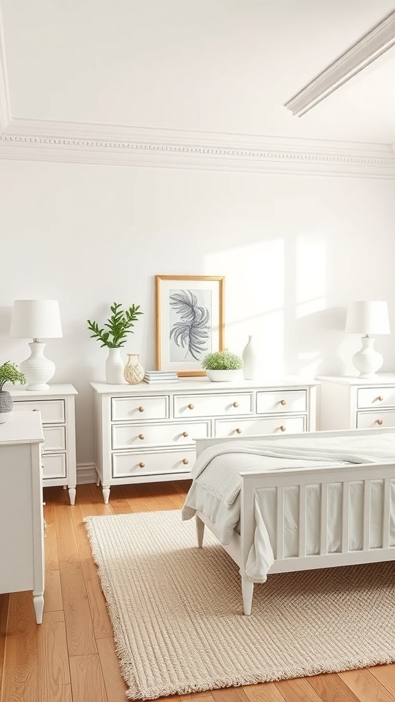 A bright bedroom featuring white furniture, including dressers and a bed, with light wood flooring and decorative plants.