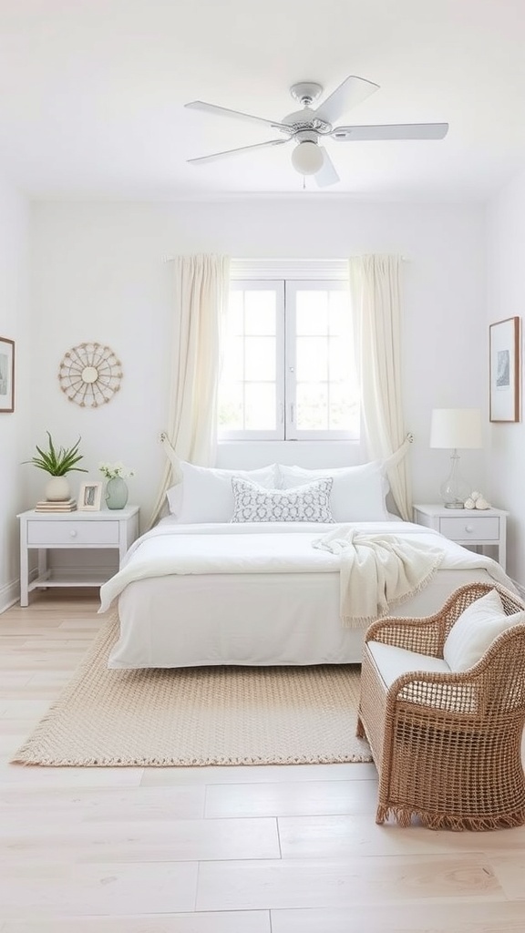 A bright coastal-themed bedroom featuring white furniture, a cozy bed, and natural decor elements.