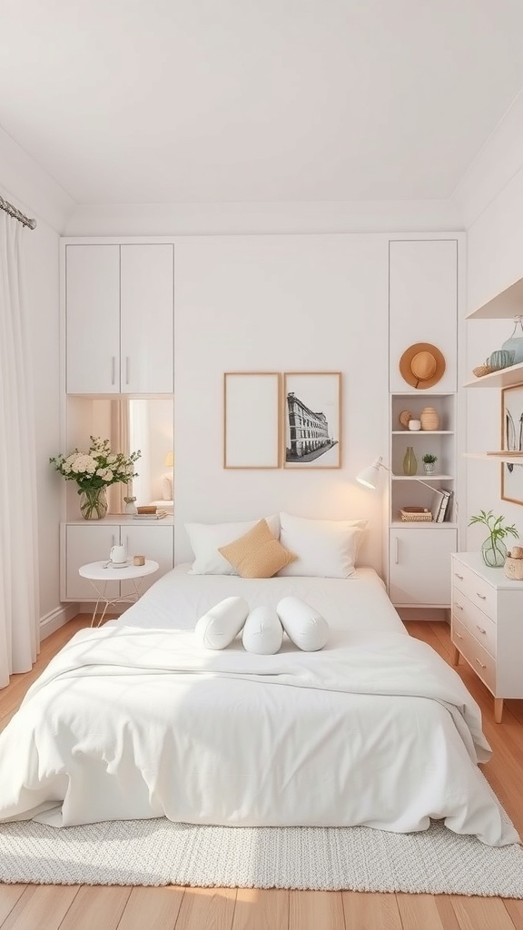 Cozy bedroom with white furniture, featuring a bed, side table, and built-in storage.
