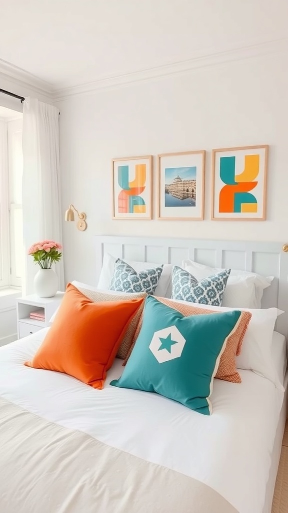 A bright bedroom featuring white furniture, colorful accent pillows in orange and teal, and framed artwork on the wall.