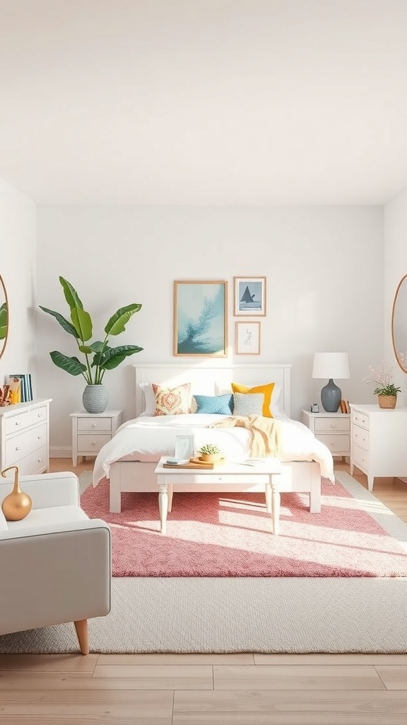 A bright and airy bedroom featuring white furniture with colorful accents, including a pink rug and vibrant throw pillows.