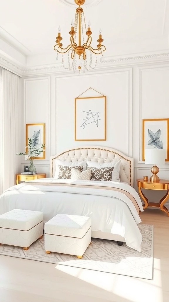 A stylish bedroom featuring white furniture with gold accents, including a tufted bed, elegant chandelier, and decorative artwork.