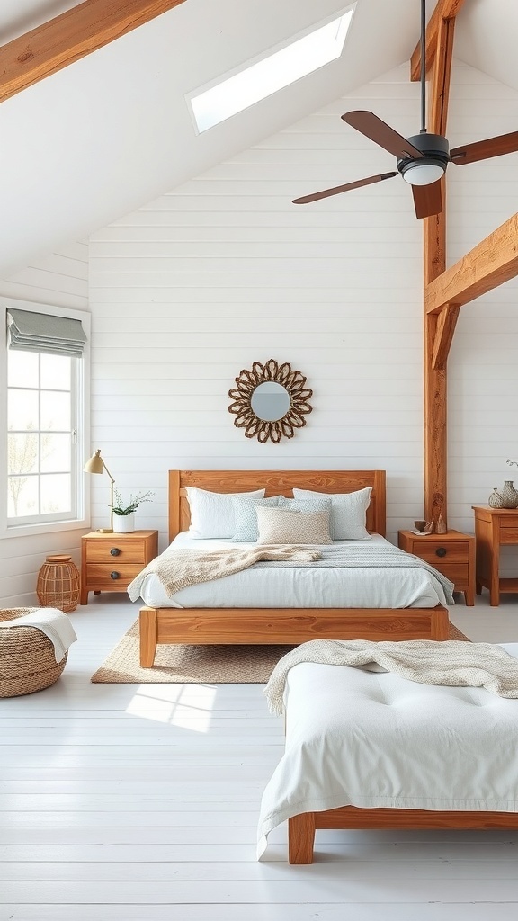 A bright bedroom featuring white furniture and rustic wooden accents.