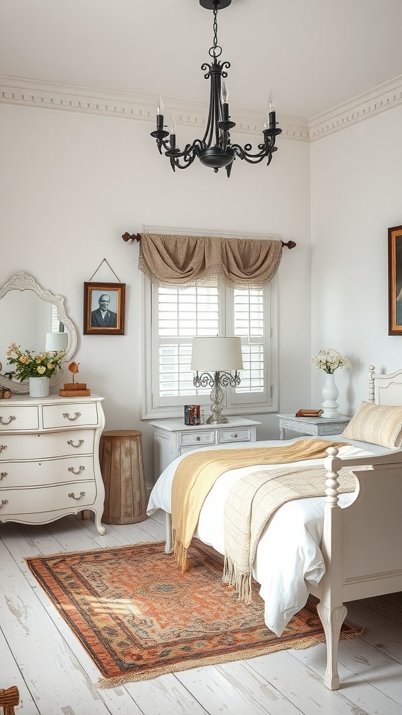 A cozy bedroom featuring white furniture, a vintage chandelier, and soft linens.