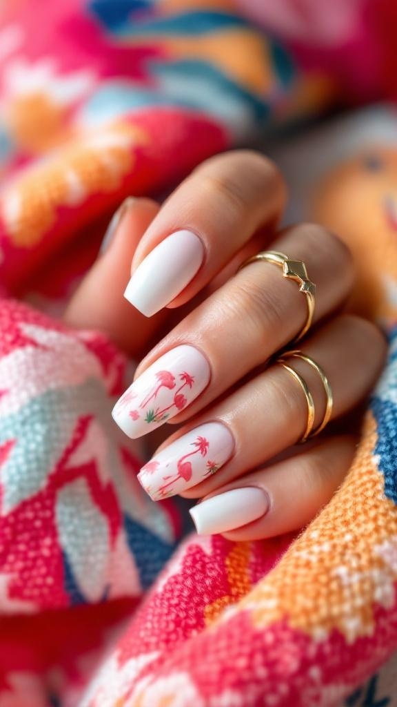 White nails with tropical flamingo designs and gold rings