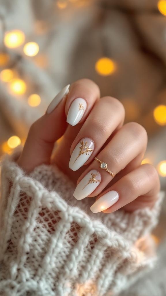 A hand with white nails featuring metallic gold accents, resting on a cozy knitted sweater with soft background lights.
