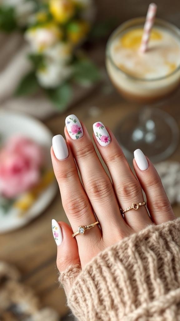 A hand with white nails featuring colorful floral designs, wearing gold rings, with a drink and flowers in the background.