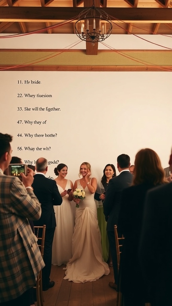 Guests at a bridal shower play 'Who Knows the Bride Best?' with the bride smiling at the center.