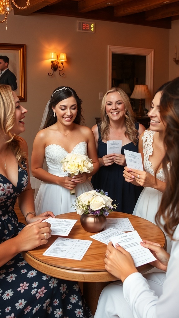 A group of women gathered around a table, smiling and holding game cards while the bride enjoys the moment.