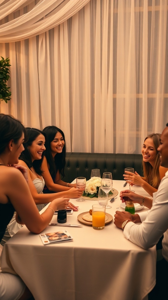 Group of friends at a bridal shower playing games around a table.