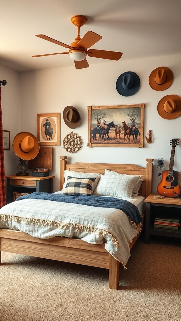 A boy's bedroom designed with a Wild West cowboy theme, featuring a wooden bed, cowboy hats on the wall, and cowboy artwork.