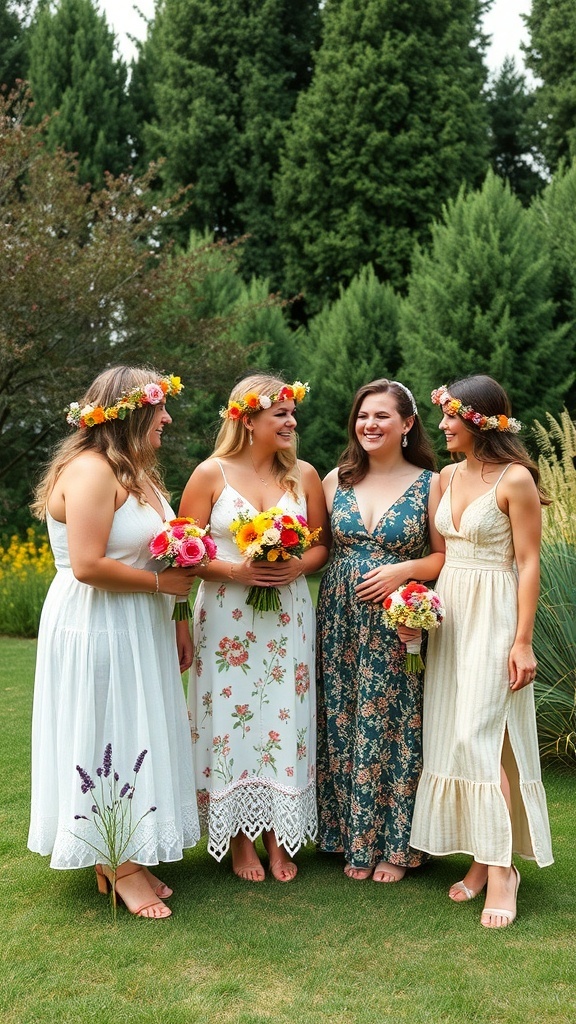 Four women in wildflower-inspired dresses with floral crowns at a bridal shower