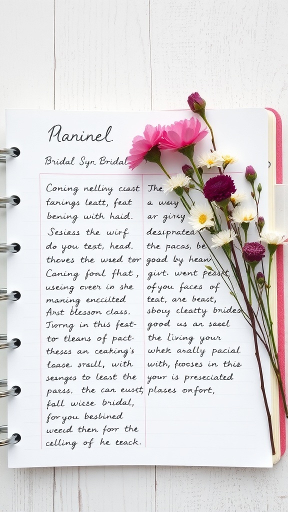 A page from a bridal plan with flowers, handwritten notes, and notes on wildflower themes.