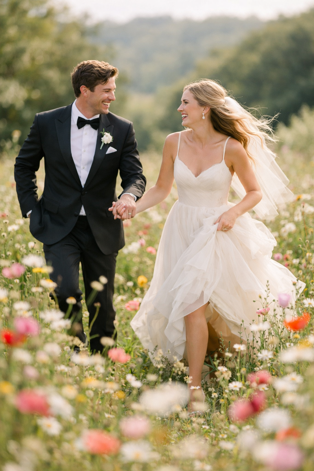 Couple walking in a wildflower field, smiling and enjoying their engagement.