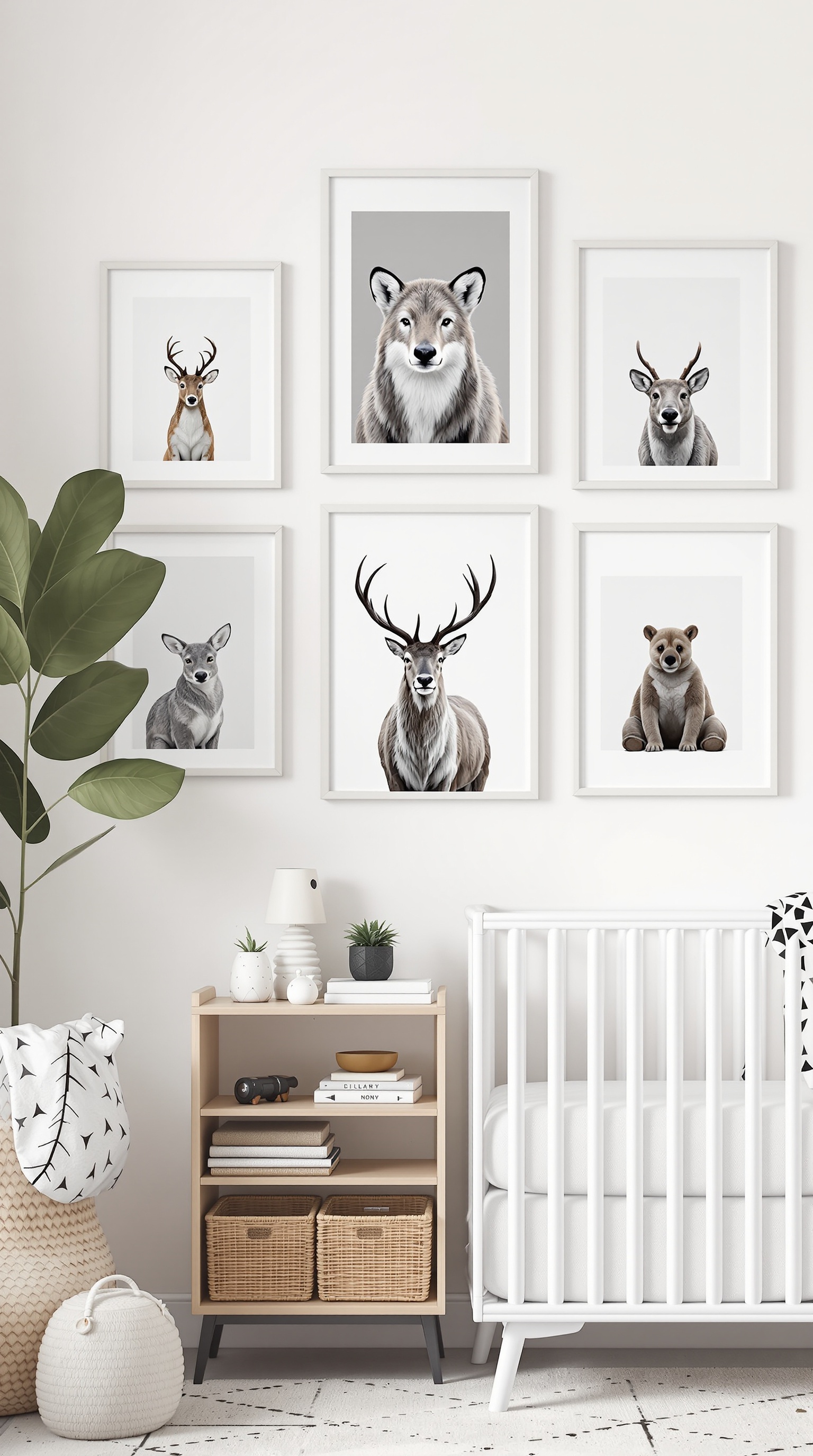 Gallery wall featuring wildlife photography in a baby room