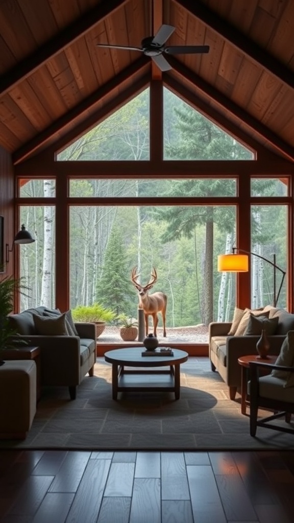 A cozy cabin interior with a view of a deer outside among trees.