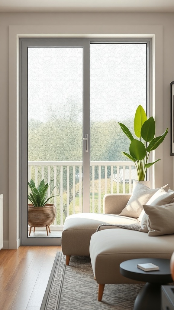 Cozy living room with a sliding glass door covered in frosted window film, featuring a plant and modern furniture.