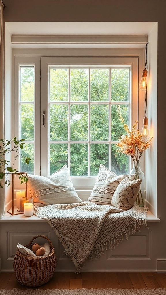 Cozy window seat with cushions, a blanket, candles, and a view of greenery outside.