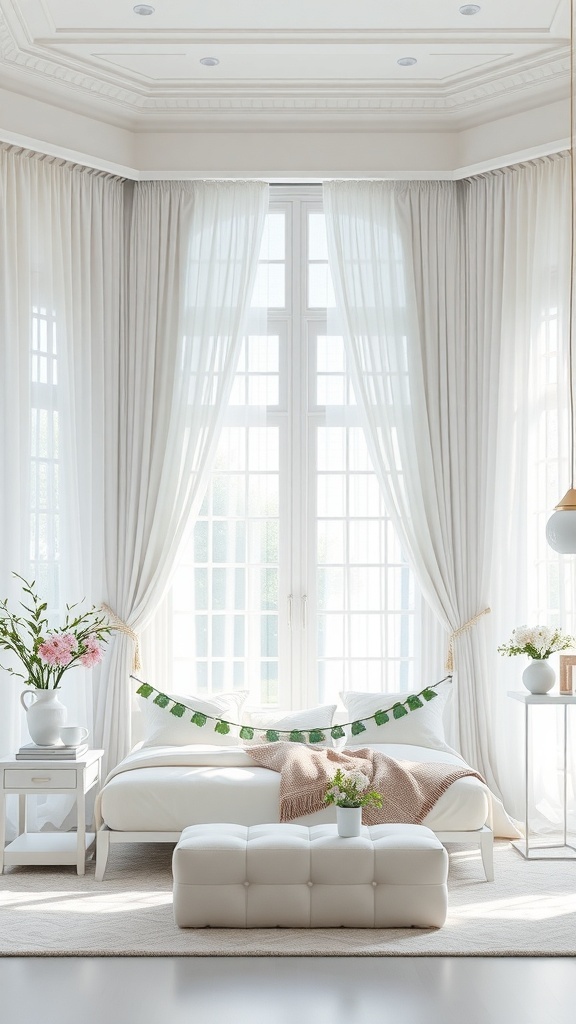 Bright bedroom with sheer white curtains, white furniture, and decorative plants.