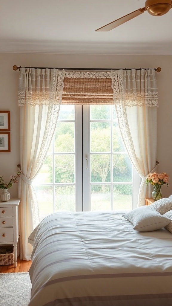 Cozy cottage bedroom with light curtains and woven shades