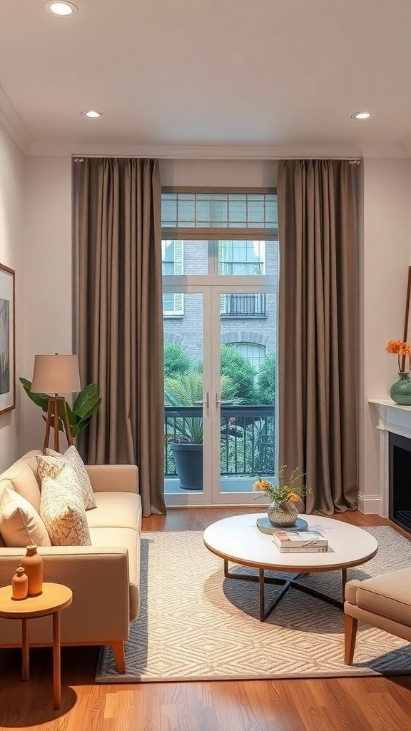 A cozy apartment living room featuring elegant curtains, a comfortable sofa, and a stylish coffee table.