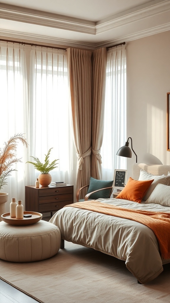 A cozy bedroom with soft curtains and drapes, featuring a warm color palette.
