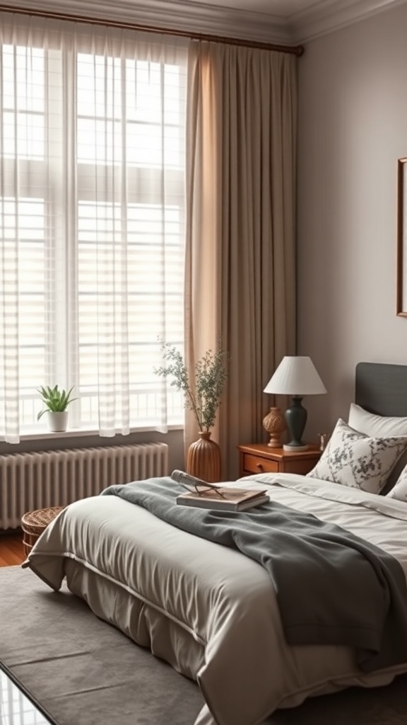 Cozy bedroom with soft curtains and warm decor