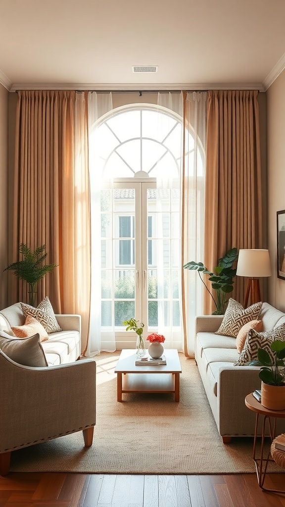 A cozy neutral living room with soft curtains framing a large window, inviting natural light.