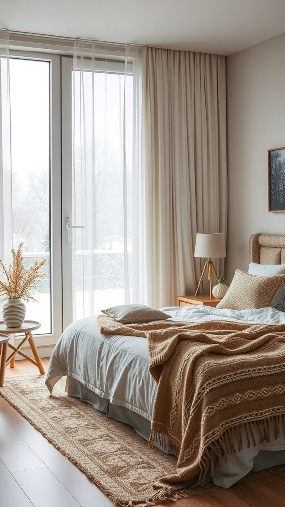A cozy winter bedroom featuring layered window treatments with sheer and heavy curtains.