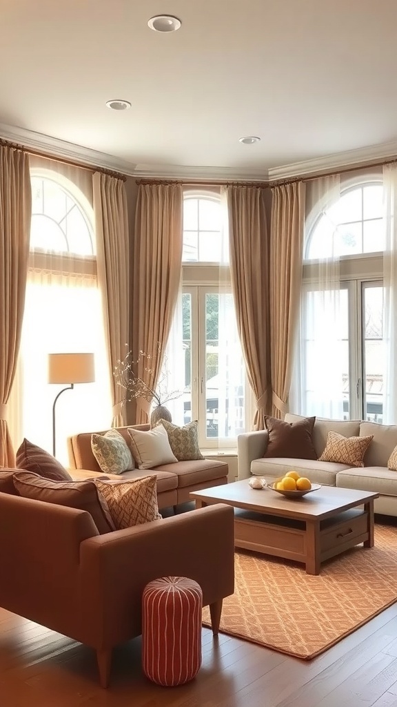 Cozy living room with soft curtains and warm tones