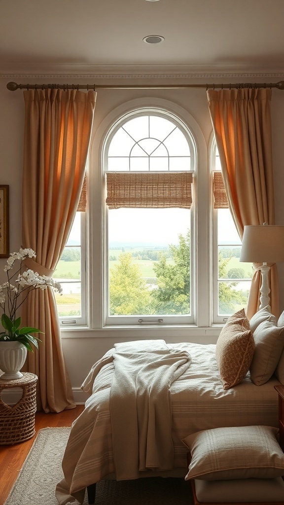 Cozy cottage bedroom with warm window treatments featuring light-colored curtains and woven shades.