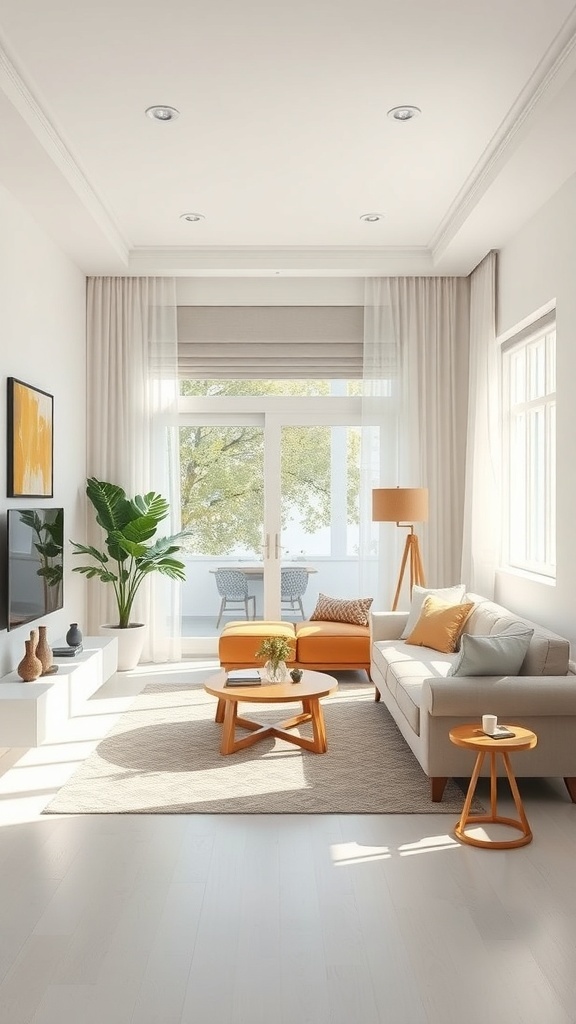 A narrow living room with large windows, sheer curtains, and a cozy seating area.