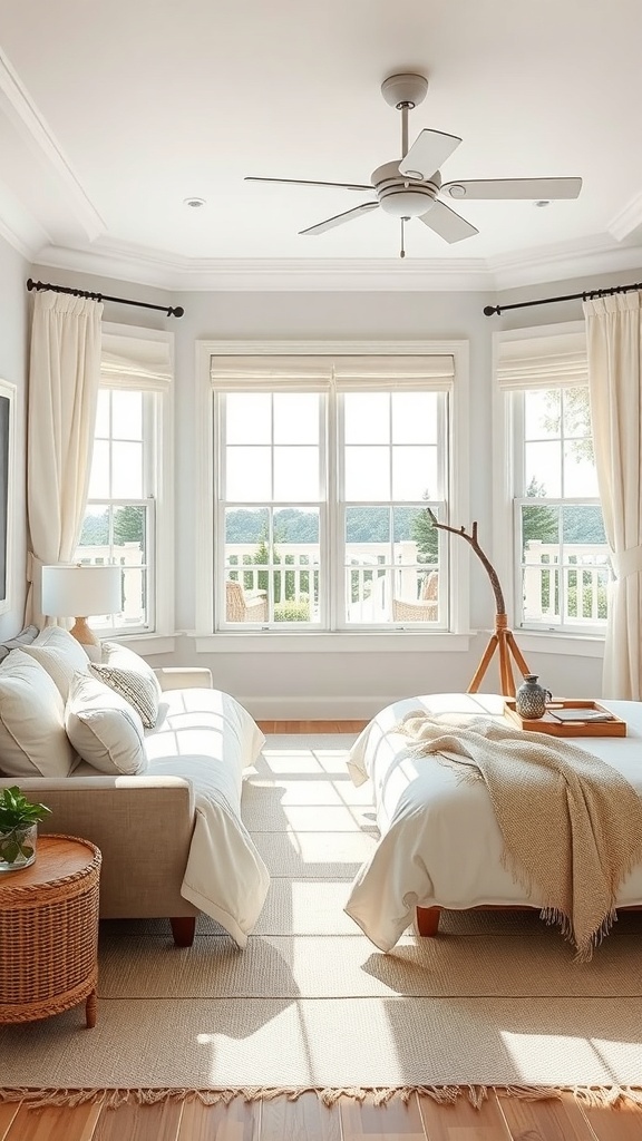 A bright coastal teen bedroom with large windows, soft curtains, and a cozy atmosphere.