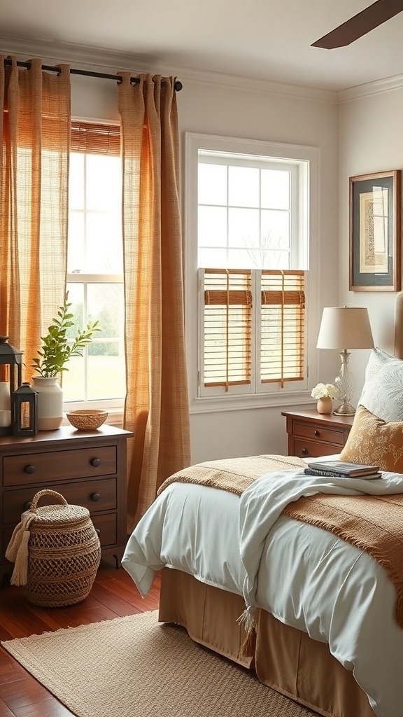 A cozy farmhouse bedroom featuring warm sheer curtains and wooden blinds.