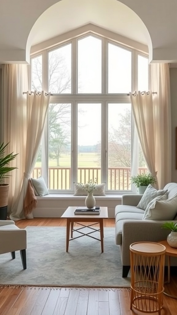 Cozy cottage living room with large windows framed by curtains, showcasing a serene view outside.