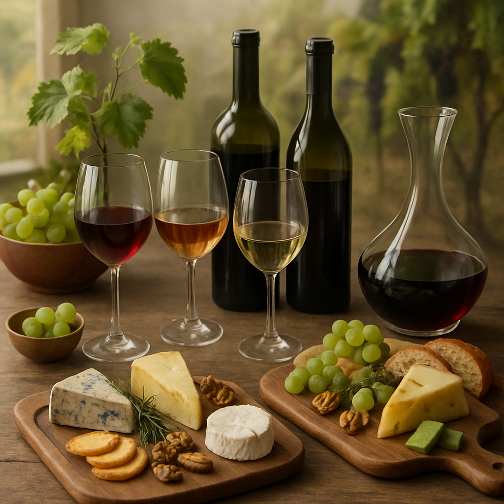 A beautiful arrangement of wine glasses, cheese platters, and grapes, perfect for a bridal shower.