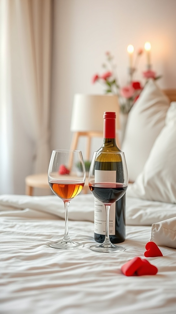 A romantic setup featuring a bottle of wine and two glasses on a bed, with heart decorations and soft lighting.