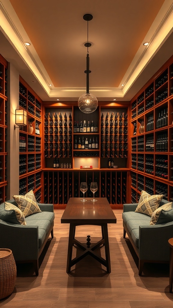 A cozy wine cellar featuring wooden shelves filled with wine bottles, a table, and comfortable seating.