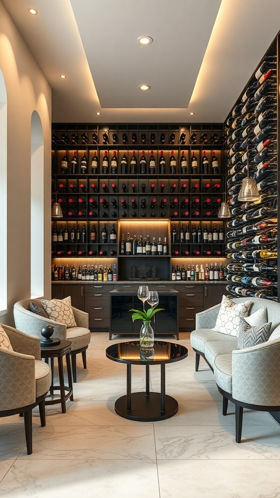 A modern wine cellar featuring a wall of wine bottles, cozy seating, and a tasting area.