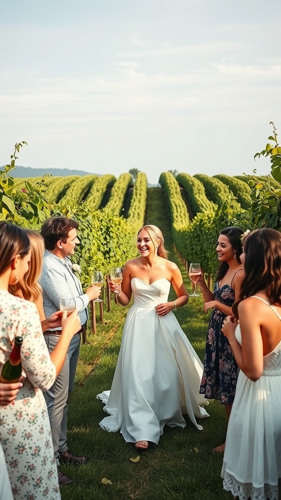 A bride in a white dress celebrating with friends at a vineyard, surrounded by grapevines and holding glasses of wine.