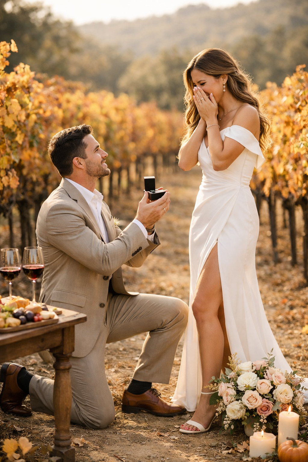 A romantic vineyard proposal scene with a couple, wine glasses, and a picnic basket.