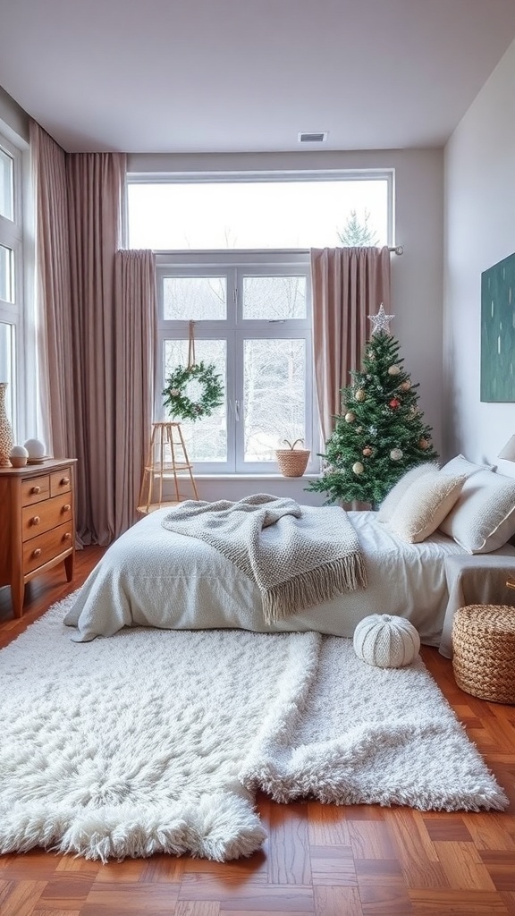 A cozy winter bedroom with wooden flooring, soft rugs, a Christmas tree, and large windows.