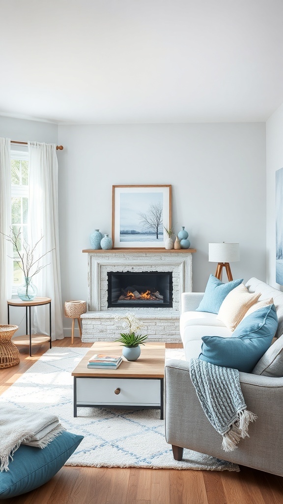 A cozy winter living room featuring soft blue accents, a warm fireplace, and inviting textiles.