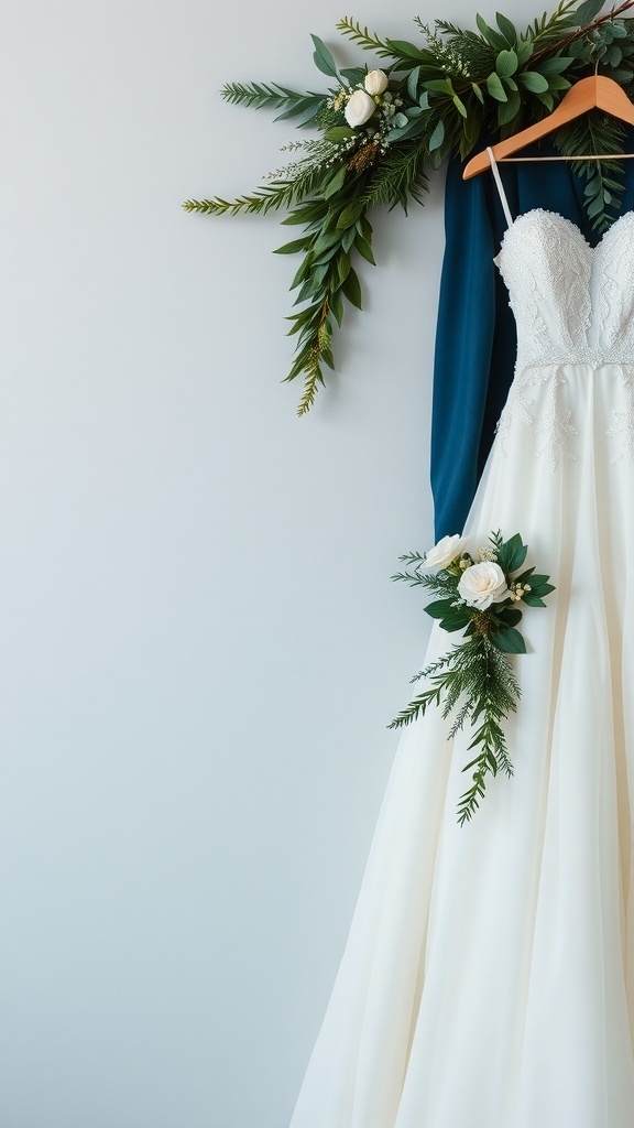 A winter wedding dress displayed with greenery and blue fabric