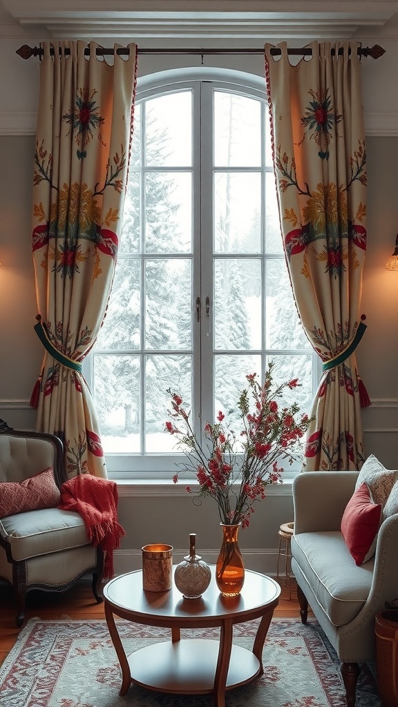 A cozy living room with winter-themed window treatments featuring floral curtains, a round coffee table, and a vase of flowers.