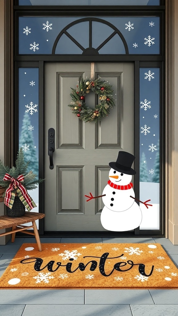 A winter-themed door mat with the word 'winter' on it, placed in front of a door decorated with a wreath and snowflake designs.