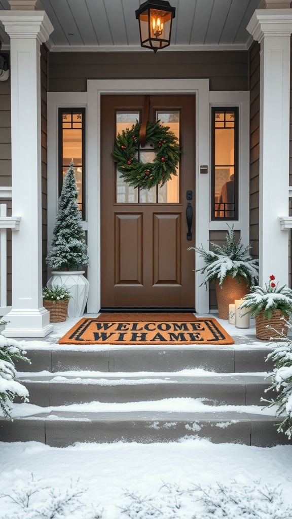 A winter porch with a welcome mat, wreath, and snowy steps.