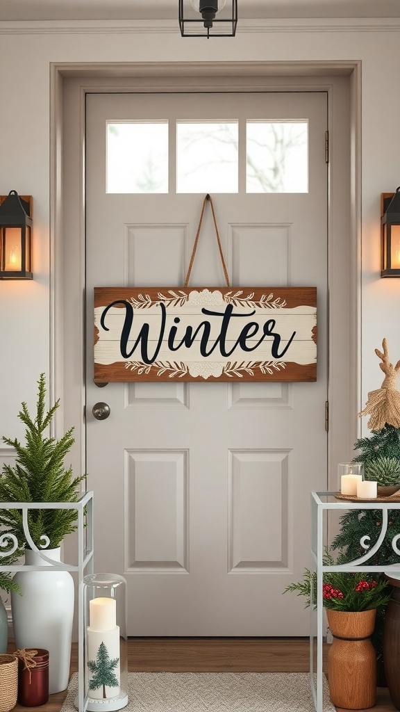 A winter-themed door sign that says 'Winter' hanging on a front door, surrounded by plants and candles.